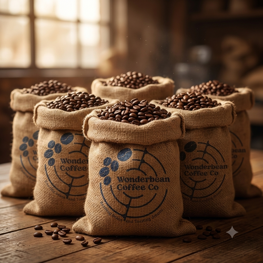 Burlap sacks filled with roasted coffee beans on a café table