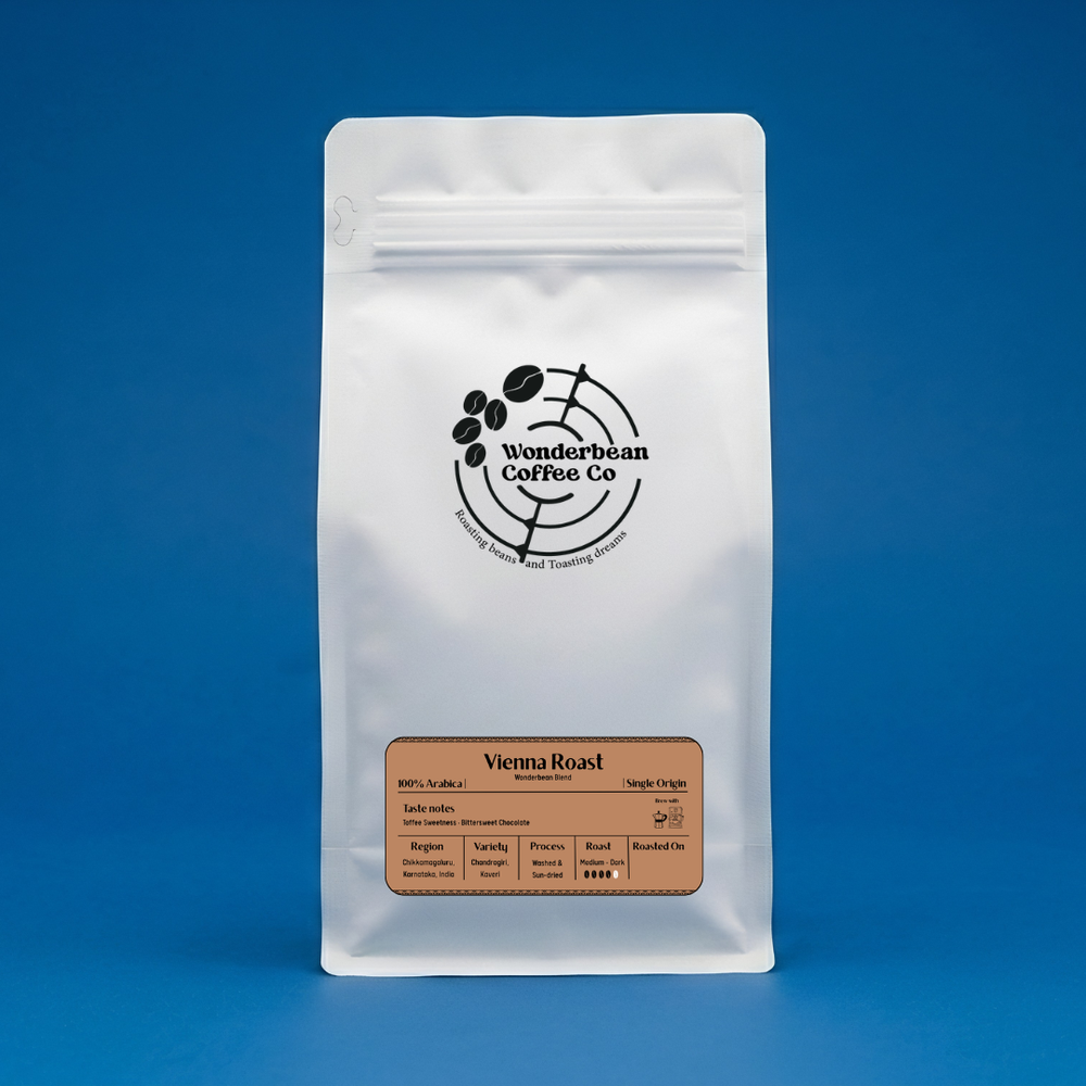 White Wonderbean Vienna Roast coffee pouch against a blue background
