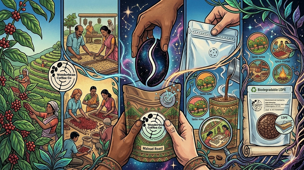 Illustration of coffee packaging, coffee plants and traditional artwork