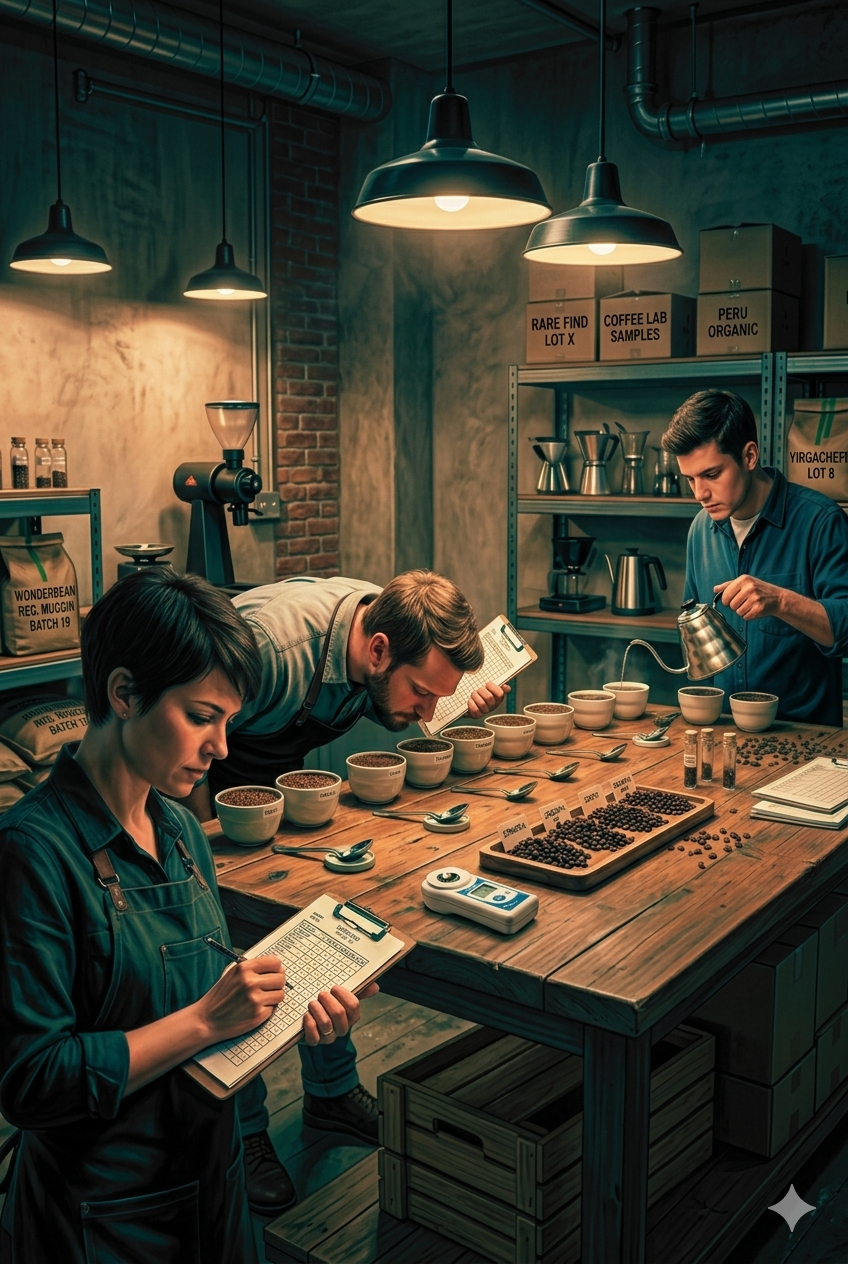 Illustration of coffee professionals tasting coffee around a cupping table