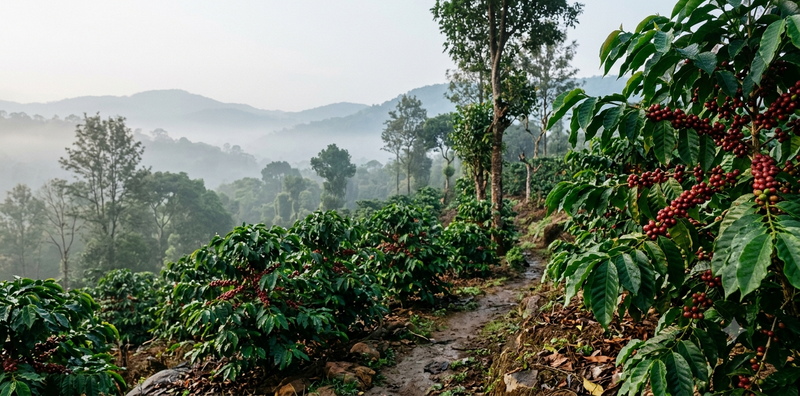 Red coffee cherries on plants overlooking misty green hills